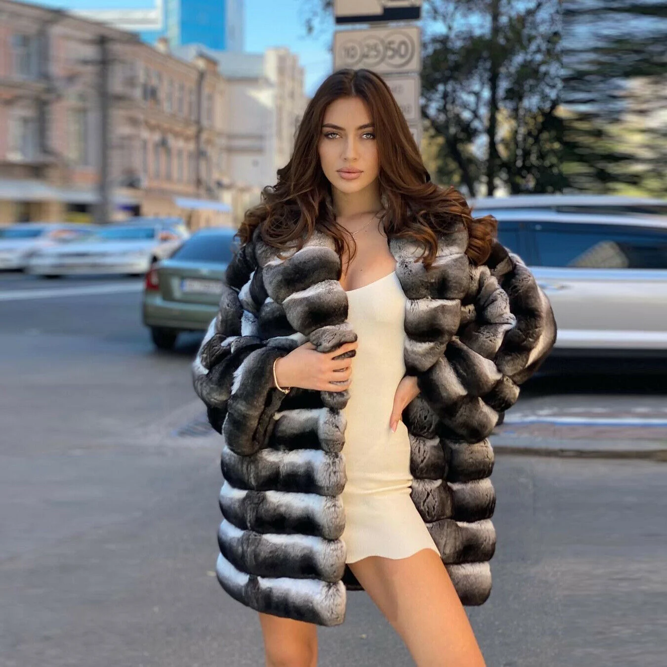 2022 Fashion Mid-length Real Rex Rabbit Fur Coat Chinchilla Color Winter New Women Luxury Genuine Rex Rabbit Fur Coats Full Pelt enlarge