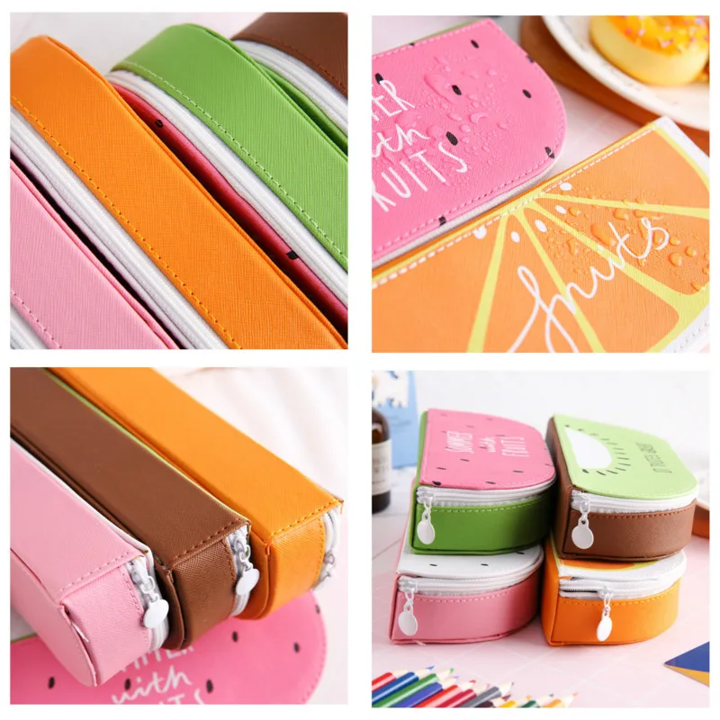 

Fruit Large Capacity Pencil Cases PU Waterproof Pencils Box Kiwifruit Orange Kawaii Girl Cute Stationery Back To School Supplies