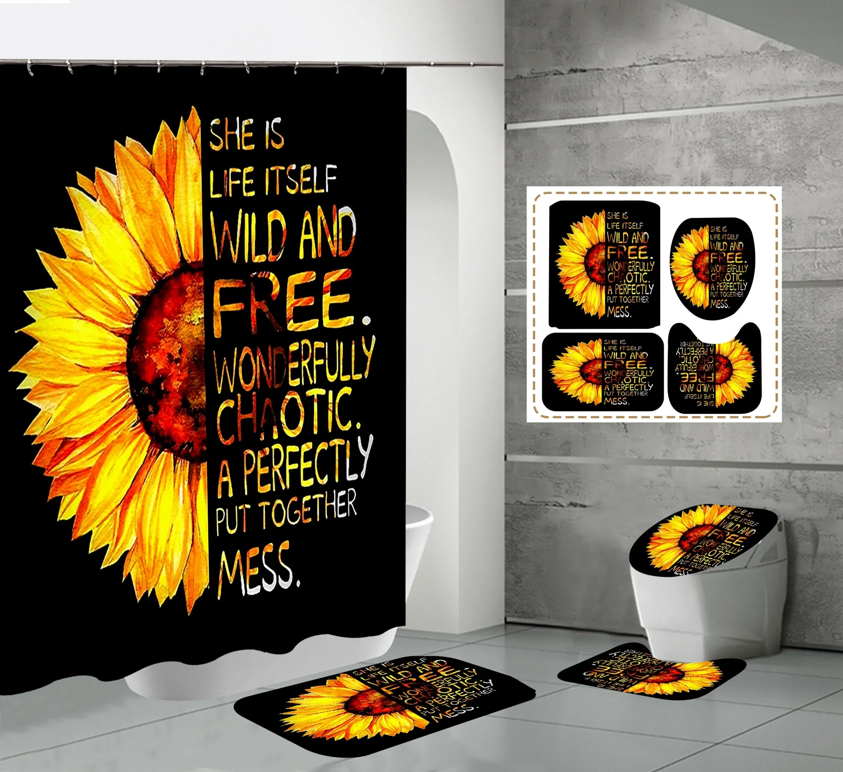 

Sunflower Butterfly Shower Curtains Beautiful 3d Print Toilet Cover Bath Mat Non-Slip Rug Set Bathroom Curtain with 12 Hooks