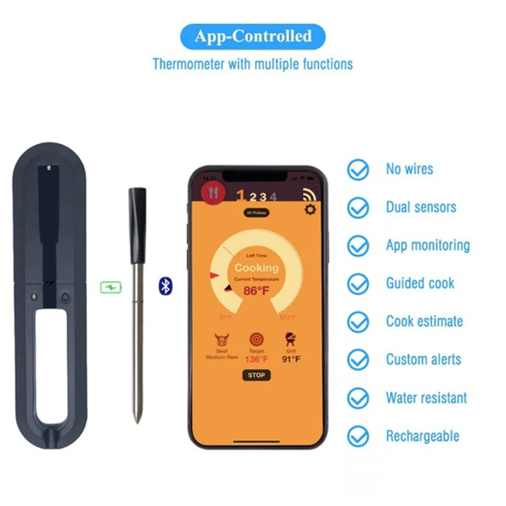 

Bluetooth Meat Thermometer Stainless Steel Sensor Economic Portable Needle Plastic Measuring Family Thermometer Durable