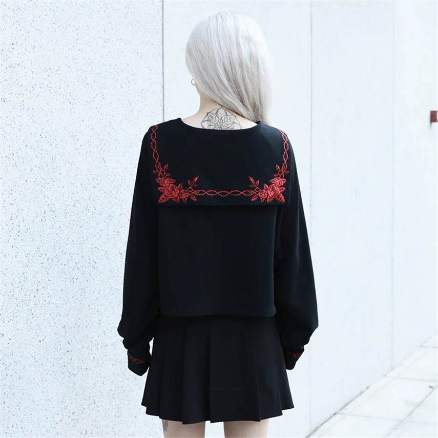 

Gothic Girl High School Embroidery Uniforms Japanese Korean Version JK Short Tops Shirt Woman Long Sleeve Black Sailor Costumes