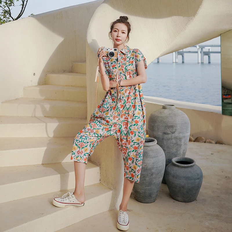 

2021 Summer Sleeveless Floral Jumpsuit Women Vintage Loose Casual One Piece Calf-Length Pants Sets Overalls Beach Style Travel