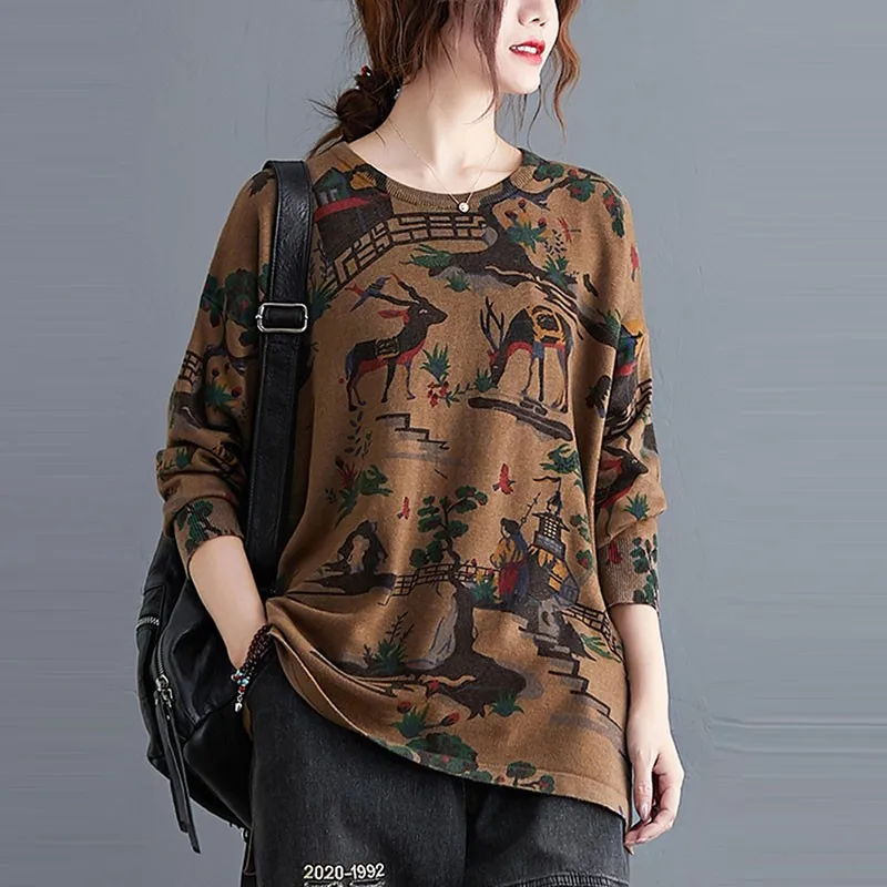 

Женский Свободный Повседневный свитер, вязаные пуловеры с длинным рукавом и круглым вырезом, с винтажным принтом, S2778, осень 2020