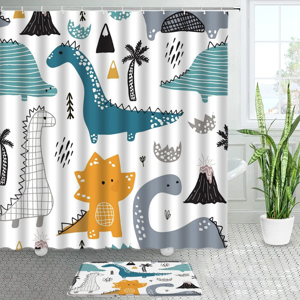 cartoon animals shower curtains bath mats set funny dinosaur frog panda sea turtle children bathroom decor door pad floor carpet free global shipping