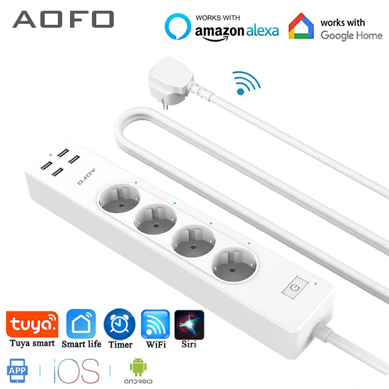 

RYWERWifi Smart Power Strip 4 EU Outlets Plug with 4 USBCharging Port Timing App Voice Control Work with Alexa Google Home