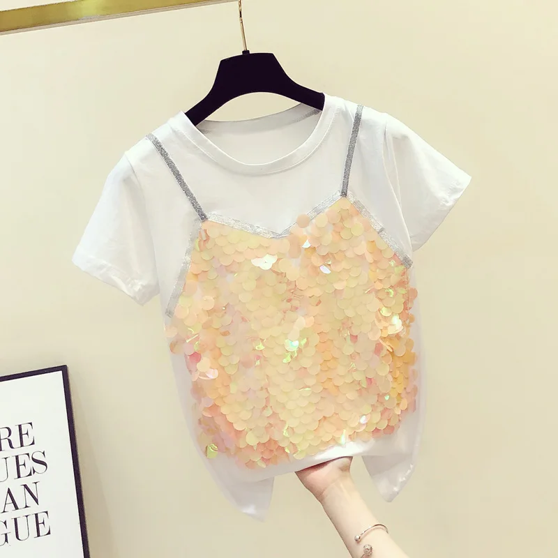 Футболка женская с коротким рукавом повседневный топ блестками круглым вырезом