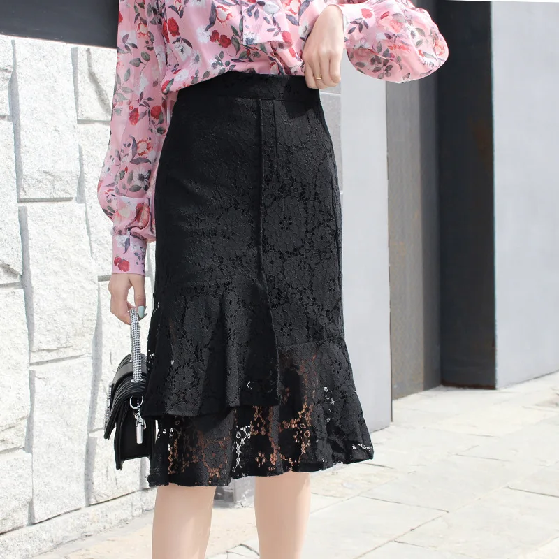 

2xl Elegant Black Lace Skirt Women High Waist Irregular Ruffle Skirts Womens