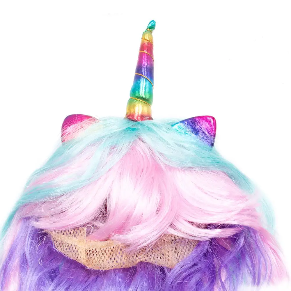 Красочный Единорог длинный кудрявый Custume Косплей искусственные волосы