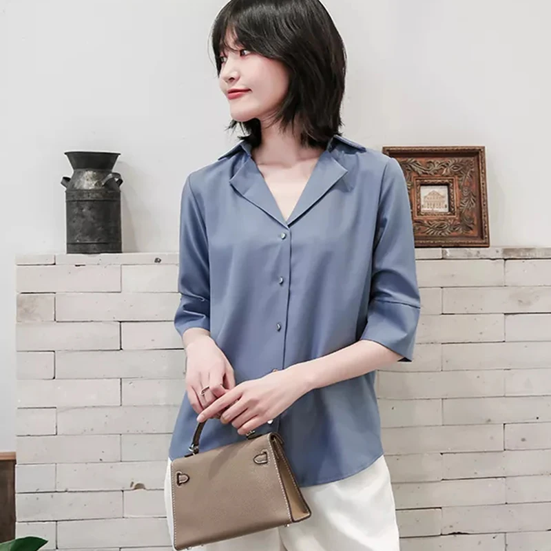 

Vogue solid tops office ladies shirts Women's chiffon blouses New Summer casual half sleeve Tops Blusas Mujer