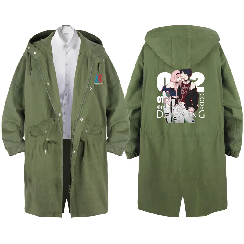 

Anime DARLING in the FRANXX Zero Two Cosplay Long Trench Hooded Zipper Autumn Winter Fashion Casual Black/Green Jacket Overcoat