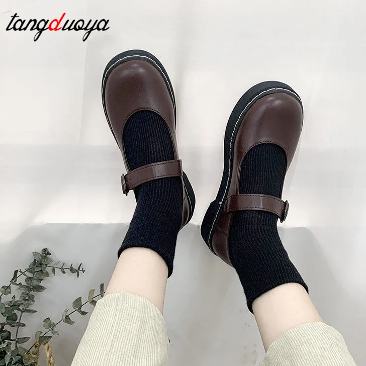 Лолита обувь на платформе японские туфли Для женщин круглый носок Пряжка ловушка