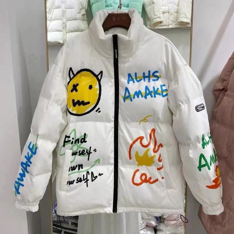 

Зимний женский пуховик, Короткая свободная парная куртка для студентов с изображением белого утиного хлеба и граффити