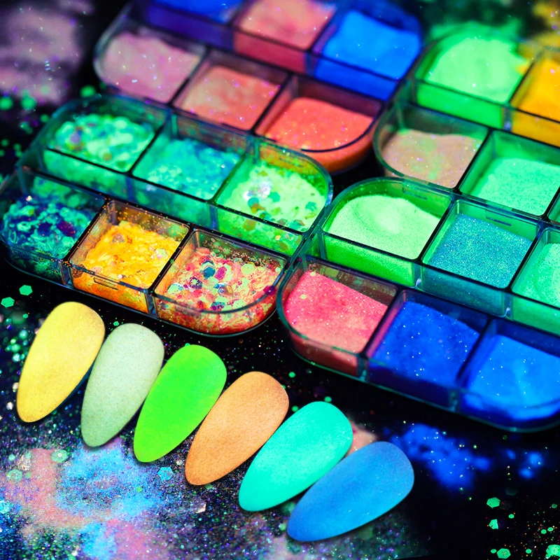 

6 Grids/Box Luminous Nail Powder Glow In Dark Neon Pigment Fluorescent Nail Glitter Dust Design Decoration For Manicure