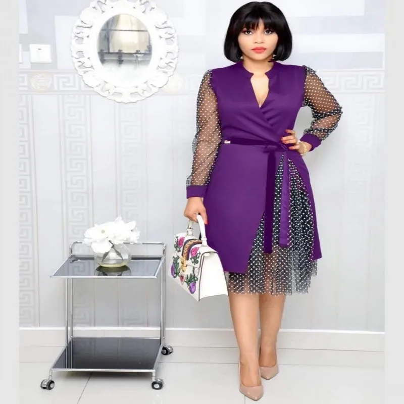 

2021 New Spring And Autumn Women's V-neck Dress Simple Dignified Temperament Elegant Splicing Polka-dot Joint Dress
