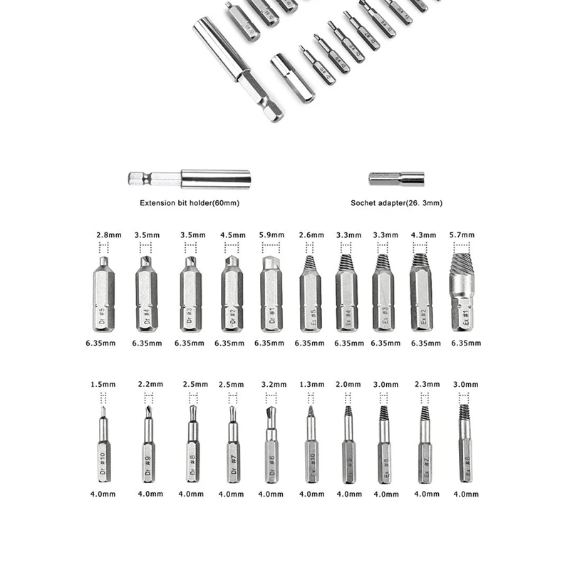 22Pcs Damaged Stripped Screw Extractor Set for Stripping Broken HSS Bolt Remover With Magnetic|Наборы ручных инструментов| |