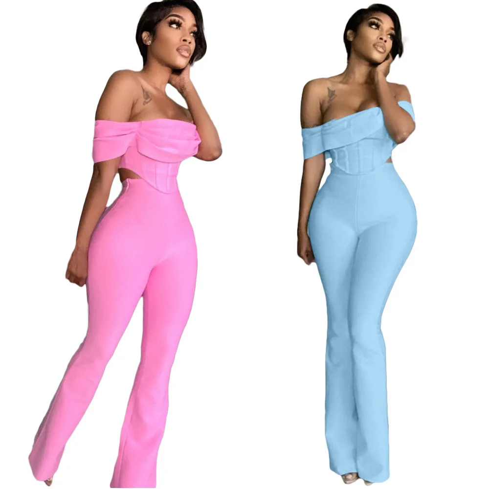

Chiclover Sexy Nightclubwear Matching Suit Wholesale Items Two Piece Set Women Folding Chest Slash Neck Tops and Flared Pants