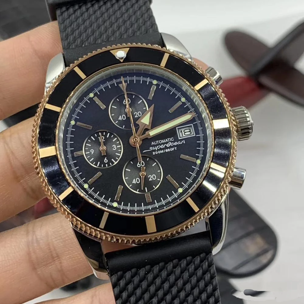 

Luxury Brand New Super-Ocean Heritage Rose Gold Rubber Stainless Steel Quartz Chronograph Stopwatch Black Ceramic Bezel Watch