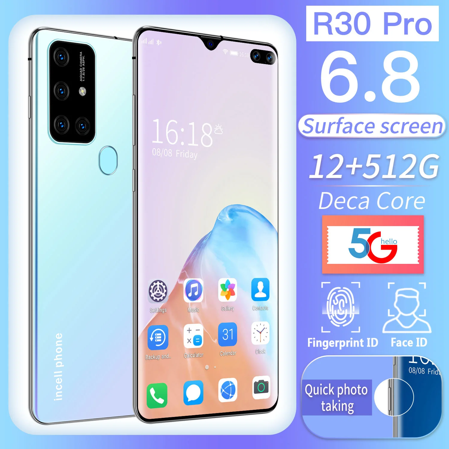 

Hot Sale 2021 Global Phone R30 Pro 6.8Inch Surface Screen Smartphone 12+512G 16MP+24MP Deca Core 5G Face Fingerprint ID