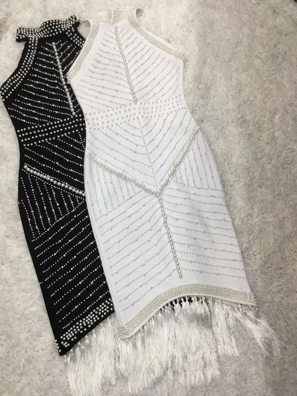 XL XXL High Quality Celebrity White Black Tassel Beading Sexy Rayon Bandage Dress Cocktail Party Dress images - 6