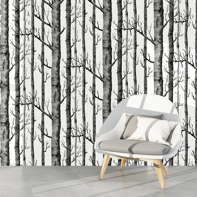 

Birch Tree Peel and Stick Wallpaper Self Adhesive Black and White Wood Wall Stickers for Study Background Wall Home Decortion