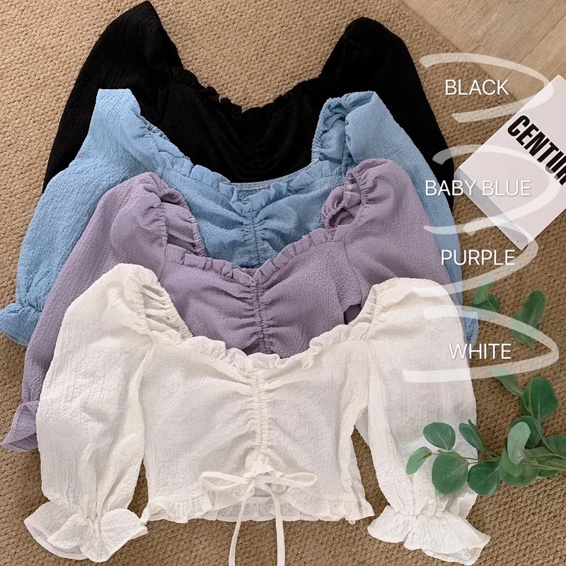 

KUSAHIKI Women Sexy Slash Neck Strapless Tops Tee Drawstring Slim Short Woman Tshirts 2021 New Short Puff Sleeve T Shirt 6F739