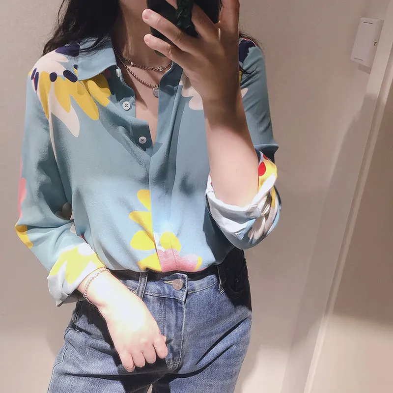 Женская рубашка 2020 Ранняя весна новая синяя шелковая с длинным рукавом | одежда