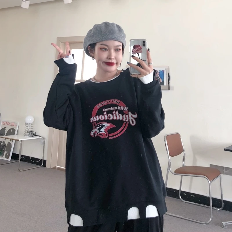 

2021 American Tide Brand Fake Two-piece Sweater Women Spring and Autumn Thin Loose Korean Style Tide Ins Lazy Bf Clothes