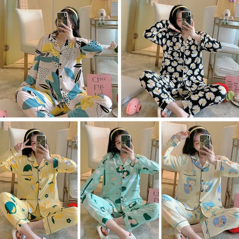 

Spring Autumn Pajamas Set Women Lapel Long-sleeved Cardigan Pants 2 Pcs Sleepwear Suit Loose Casual Cartoon Prints Home Wear