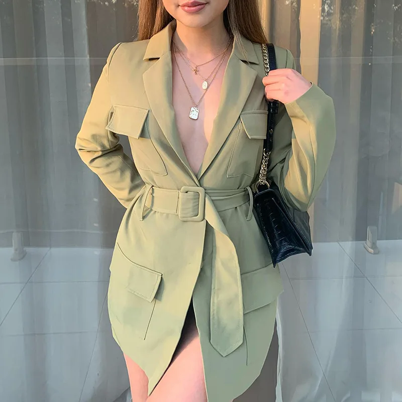 

Cheap Hot Pink Suit Coats Women Turn-down Collar Belt Coat Za 2021 Long Sleeve Pocket Jacket Sashes Suit Female Clothes