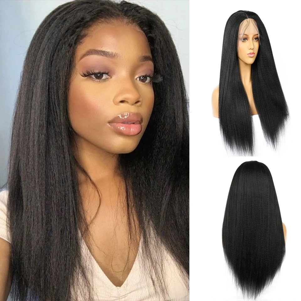 

Yaki 26 дюймов длинный кудрявый прямой синтетический парик на шнуровке спереди для чернокожих женщин малышей предварительно выщипанный Коспл...