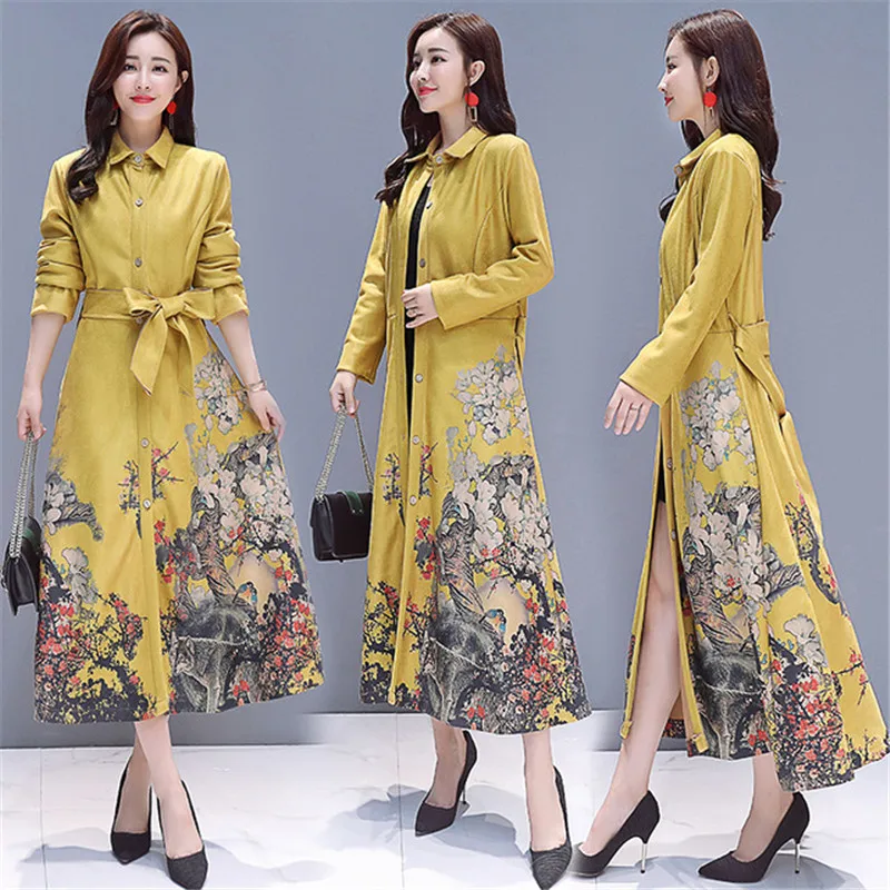 

Autumn Winter Faux Suede Trench Coat Women Long Sleeve Belt Casual Windbreaker Female Long Belt Elegant Print Outwear
