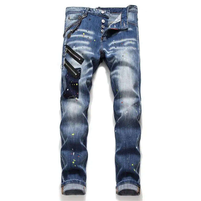 

New Arrivals Men's Denim Pants Casual Jeans Retro Spell Color Straight Trousers