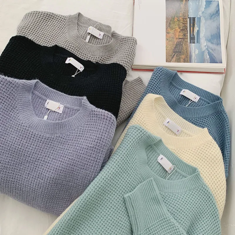 

Ladies Fashion Retro Simple Casual Sweater Women Autumn Winter 2021 New Fresh Sweet Pure Color Lazy Loose Western Style Hedging