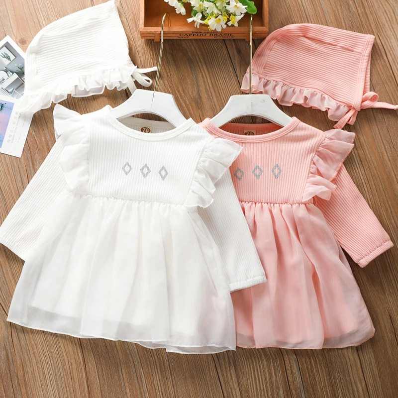 

baby girls Princess Dress Long Sleeve Hat 2 Pcs infant baby Solid Color Ruffles mesh cozy Dresses Cap Spring And Autumn