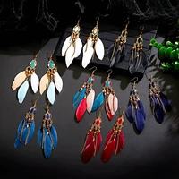 boho ethnic womens long tassel feather earrings pendientes vintage oval multicolor stone dangle earrings wedding party jewelry
