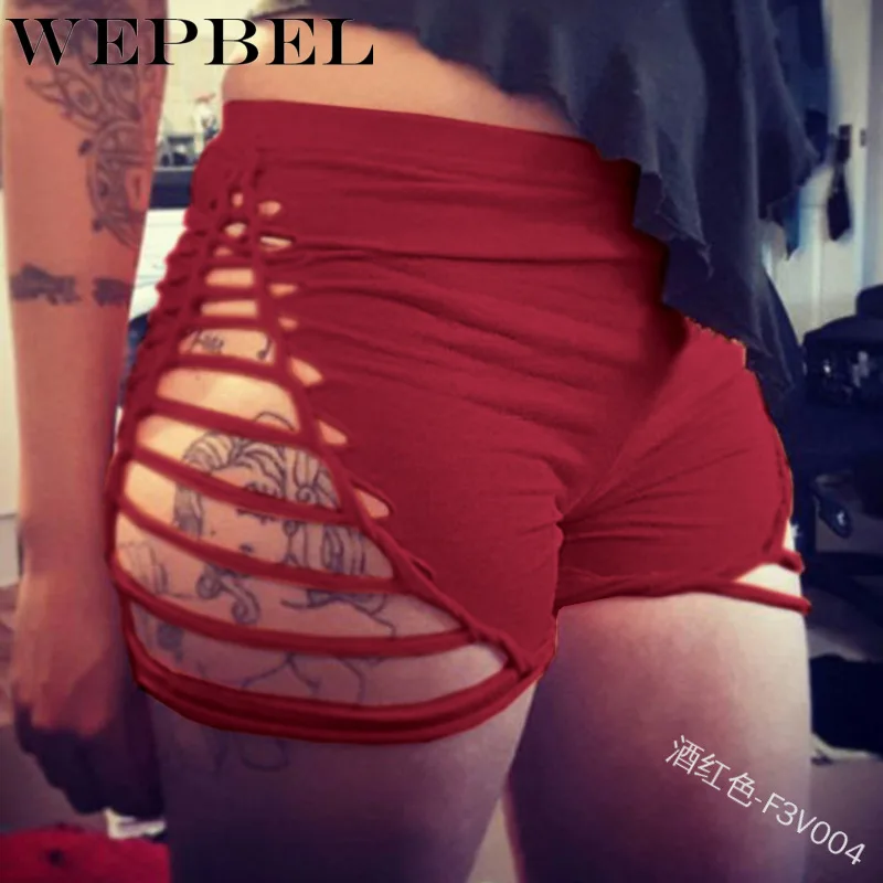 

WEPBEL Slim Fit Sexy Bandage Punk Shorts Female Ripped Short Pants Summer Solid Color Women Fashion Hollowed Out Shorts