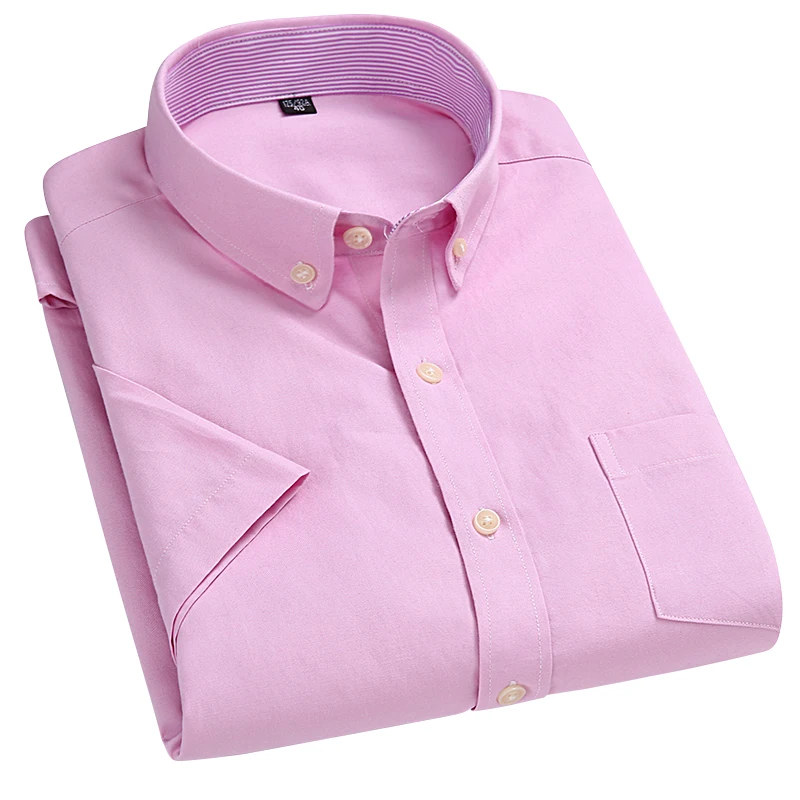 

AOLIWEN Men 56% Cotton Pink Oxford Solid Color Short Sleeve Dress Shirt Summer Trend Business Office Anti wrinkle Slim Shirts