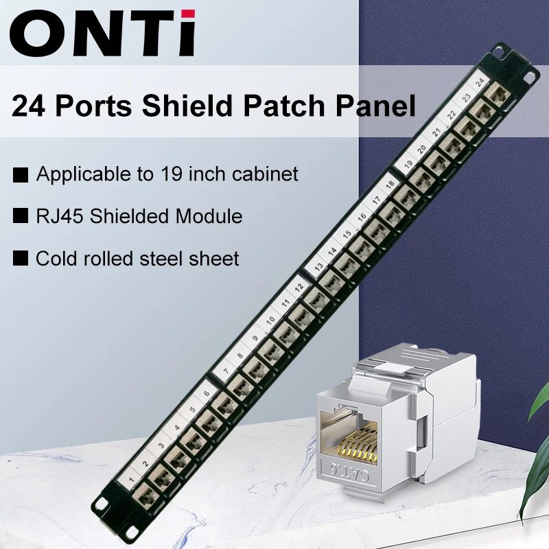 ONTi 24 Port 1U RJ45 Shielded Module Patch Panel 19" Inch Rackmount Wall Mount CAT5E,CAT6,CAT6A,CAT7,CAT8 STP Keystone Jack