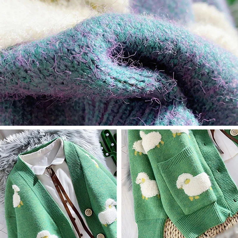 

2021 Autumn New Knitted Female Cardigan Loose Casual Sweater Coat Cute Cartoon Print V-Neck knitted cardigan Women Jacket