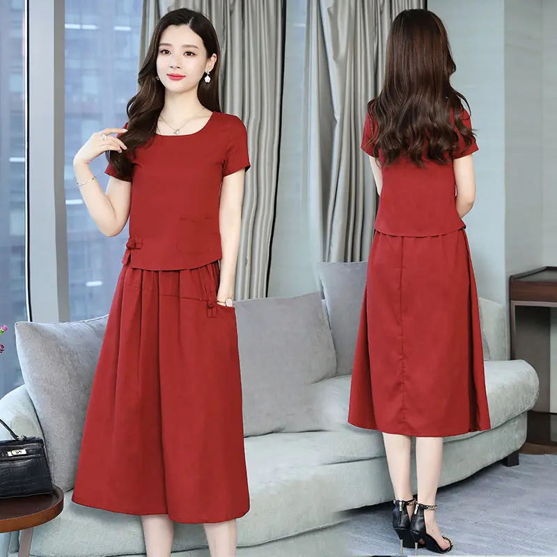 2020 New Summer Women Fashion Holiday Outfits Cotton Linen Short Sleeve T-Shirt + Elegant Skirt 2 Piece Sets Female Suit H65 |