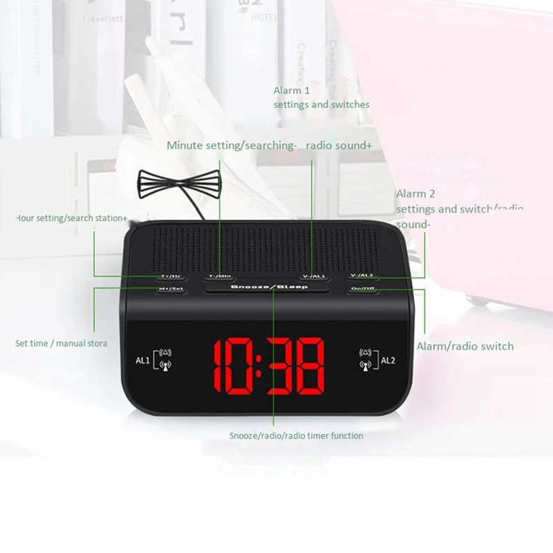 Цифровой Будильник Радио для спальни FM радио цифры затемняемый Красный дисплей