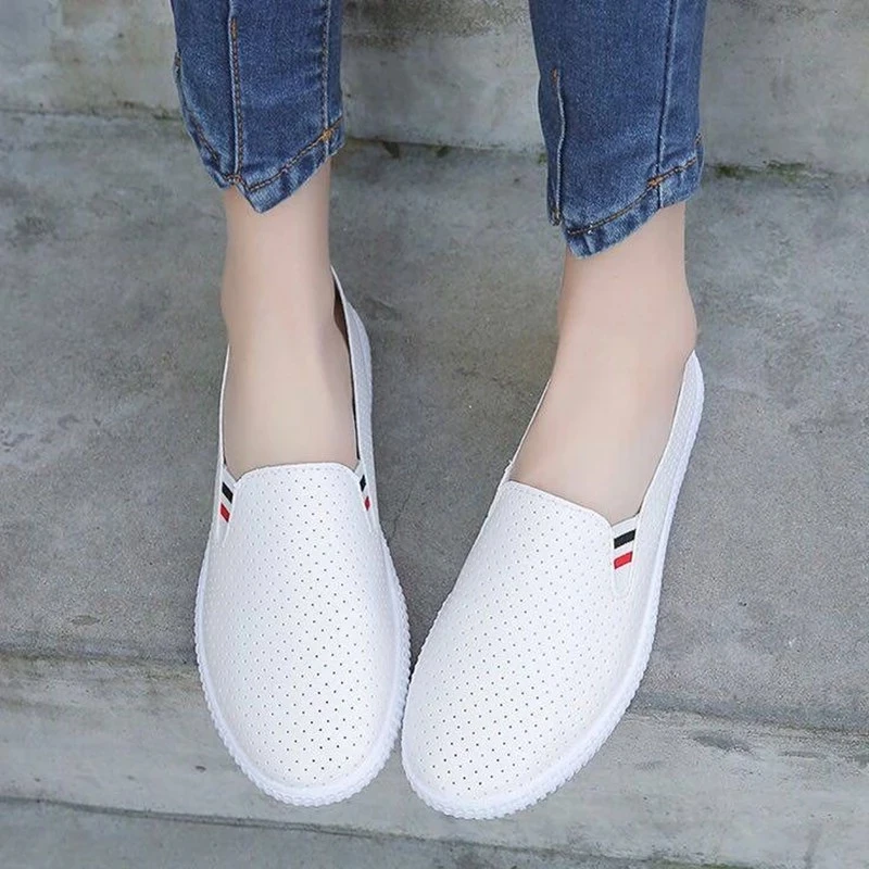Women Sneakers White Flats Cut-Out Woman Loafers Pu Leather Slip on Shoes Low Heels Casual Shoes