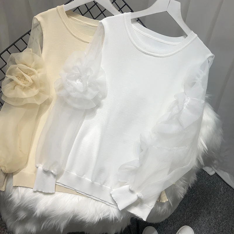 

2021 New Fall Winter Organza Appliques Flower Stitching Ice Silk Sweater Female Loose Knit Shirt Girls Lady White Sweater Femme