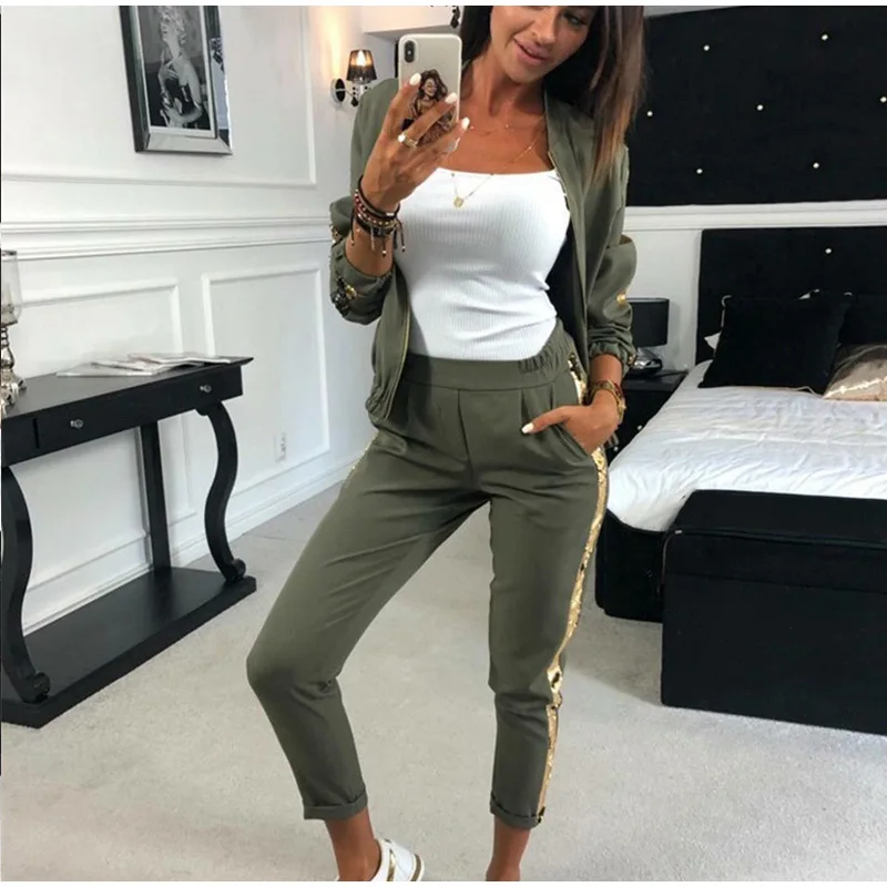 Side Sequined Tracksuit For Women Two Piece Set Autumn Zipper Long Sleeve Patchwork Sports Streetwear Women's Tracksuits