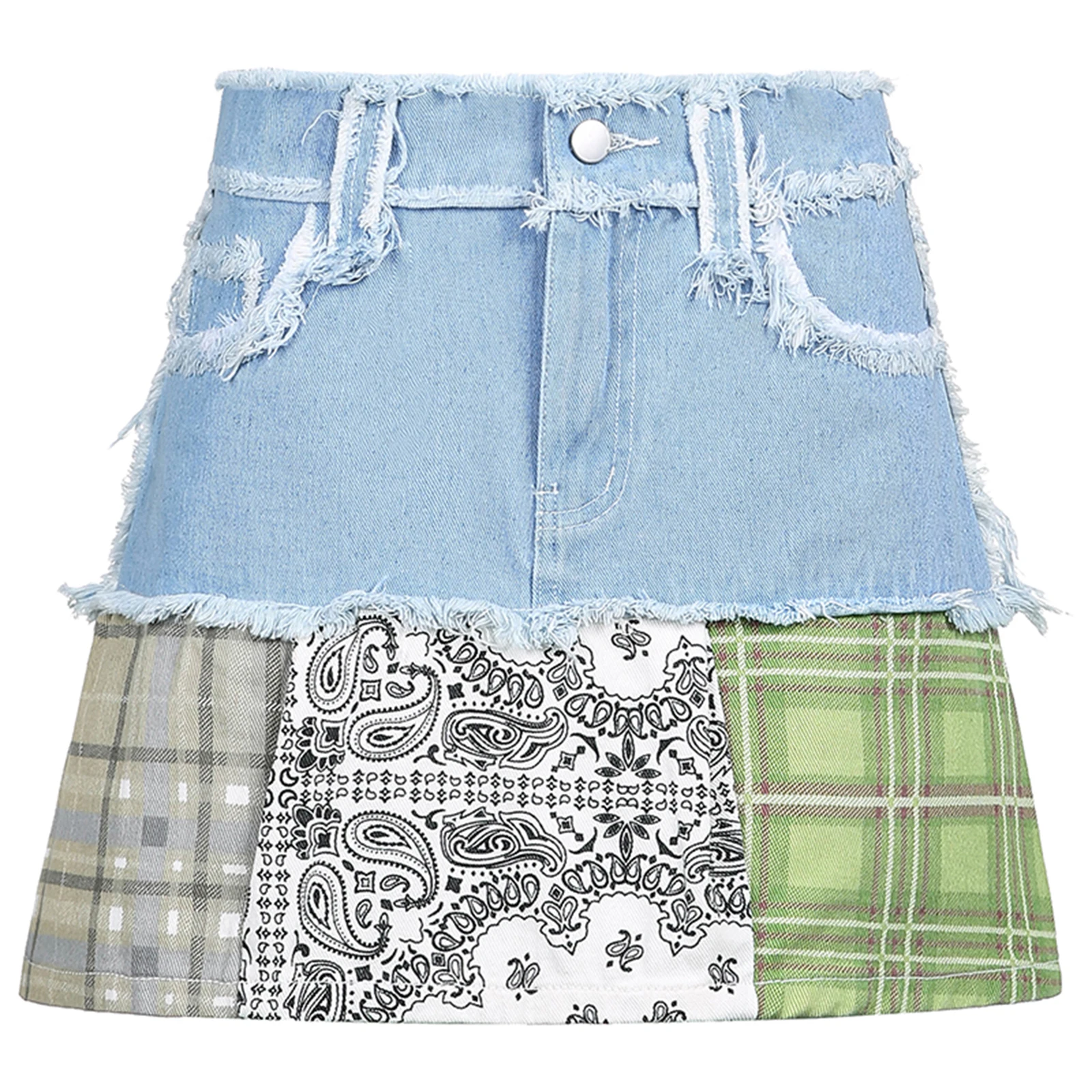 

Women Summer Miniskirt, Plaid Splicing High-Waist Frayed Denim Skirt with Pockets for Girls, Green