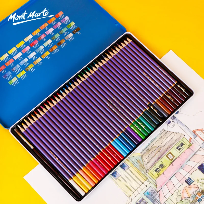 

Mont Marte Water-Soluble/Oily Colored Pencils 36 Color Iron Box Set Round Penholder Lead Core HB~2B For Drawing Art Supplies