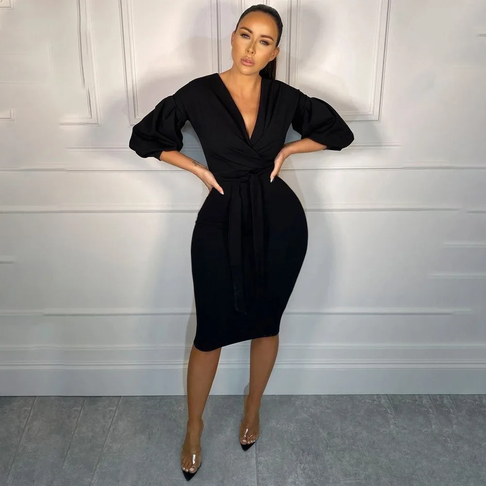 

Solid Color Print Pleated Deep V-Neck Sashes Lantern Half-Sleeves Sexy Bodycon Dress Summer Hot Style Model Women Outfits