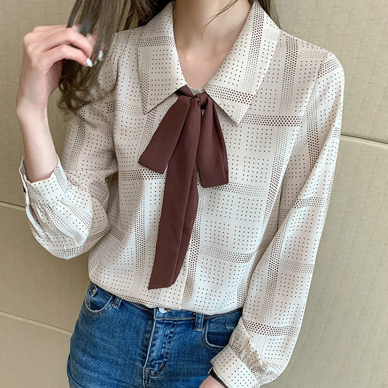 

Women's Elegant Chiffon Shirts Small Polka Dot Long Sleeve Women Blouse Office Lady Vintage HongKong Style Blouse Autumn Spring