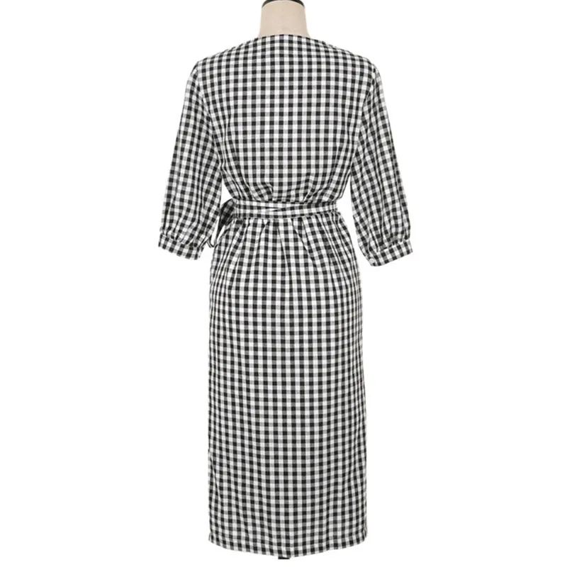 

Vintage Casual Sundress Female Dress Plaid Half Sleeve Sashes V-Neck Women Dress Summer 2020 Sexy Floral Dress Women Clothes