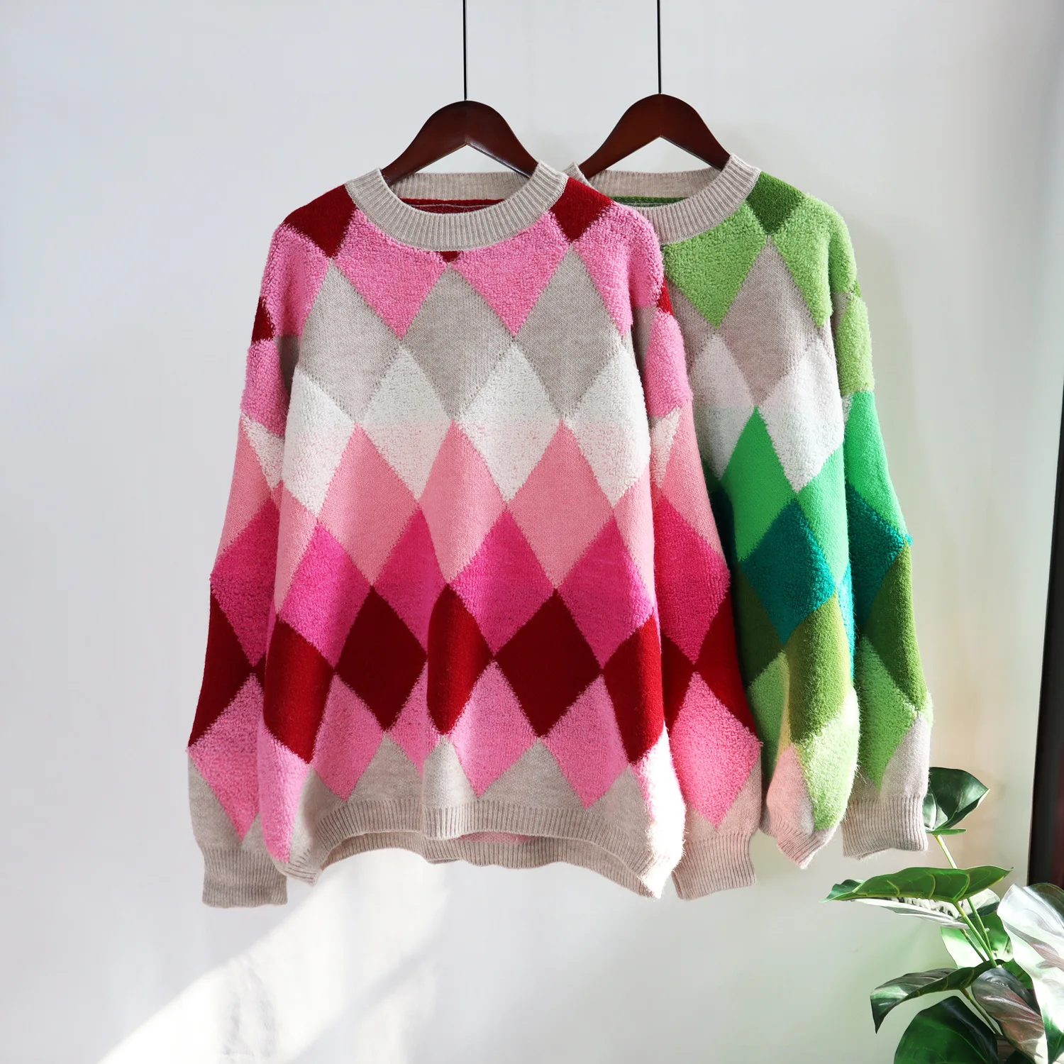 

EBAIHUI Women Sweater Argyle Knitted Autumn Winter O Neck Oversized Pullovers Colorful Korean Loose Vintage Thick Female Jumper